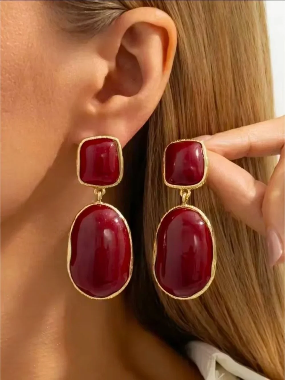 Gold-Trim Deep Wine Drop Earrings